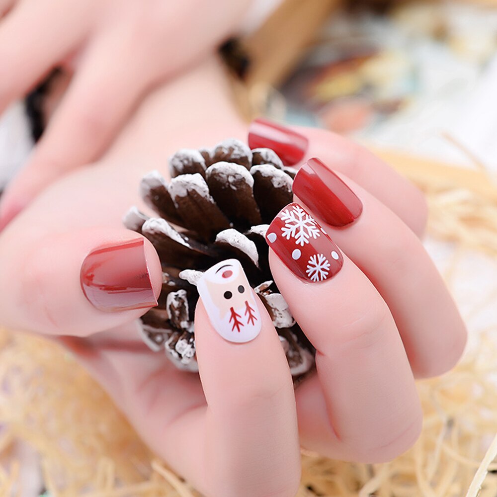Faux ongles courts artificiels de noël, rouge vin, pour manucure, avec motifs, joli cerf de neige, couverture complète bricolage-même, 24 pièces