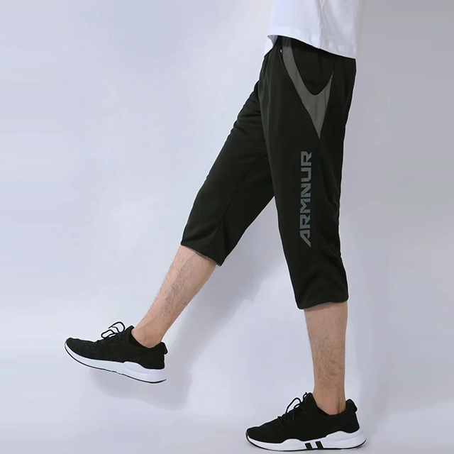 3/4 Men Sports Football Pants zipper Pockets Athletic Football Soccer Training sport Pants Elasticity Legging jogging Gym pants: black grey / Asian sizes L