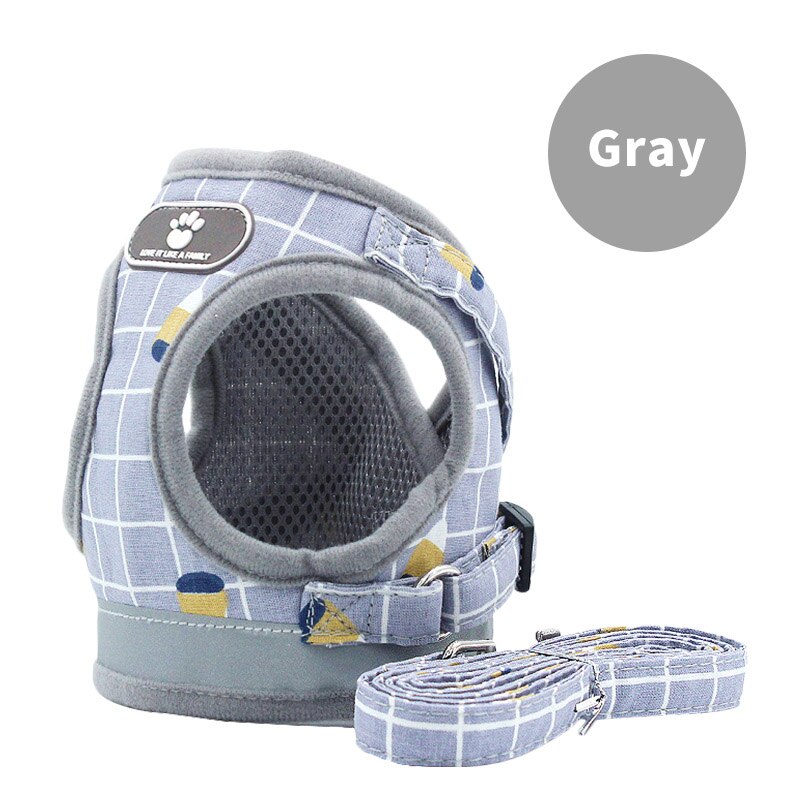 Dog Harness with Leash Adjustable Vest Walking Supplies Soft Breathable Plaid Collar Pet Accessories for Small Medidum Large Dog: Grey / XL
