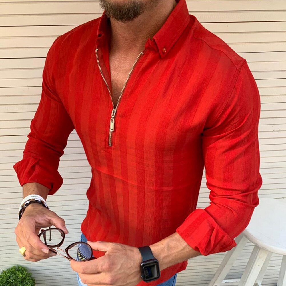 Stribet herreskjorte langærmede mænd skjorter afslappet solid slim fit hvid mand bluser kausal skjorte lynlås bluse toppe