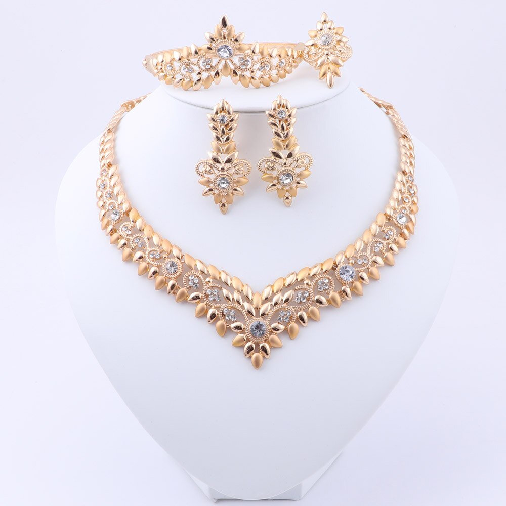 Nigeriaanse Bruiloft Bridal Afrikaanse Goud Kleur Sieraden Set Dubai Kristal Ketting Armband Oorbellen Ring Set