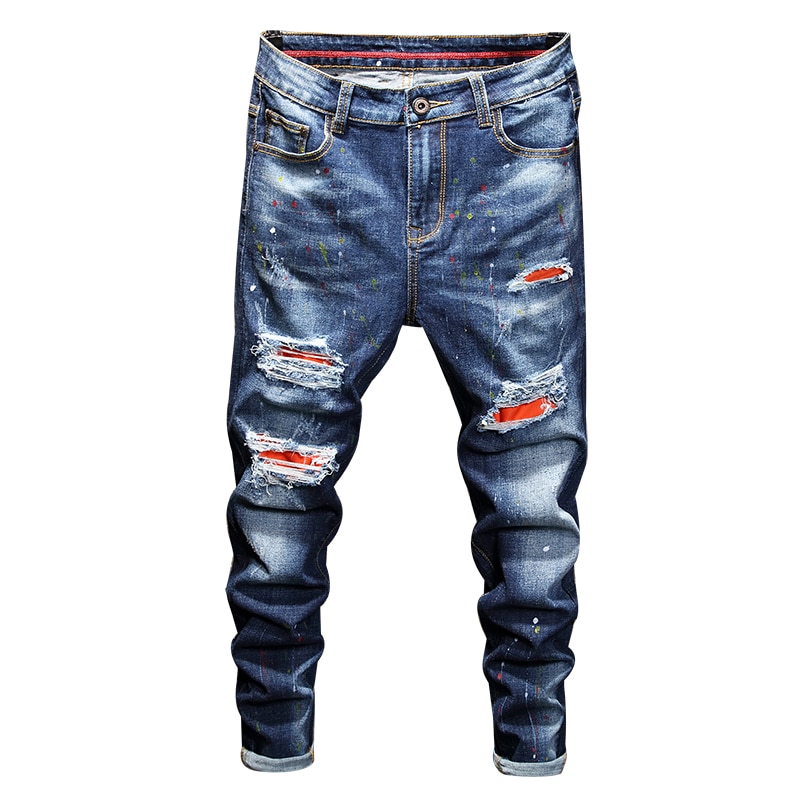 Spring Men's Blue Ripped Jeans Color Splash Ink Denim Trousers Motorcycle Punk Red Patchwork Jeans Streetwear