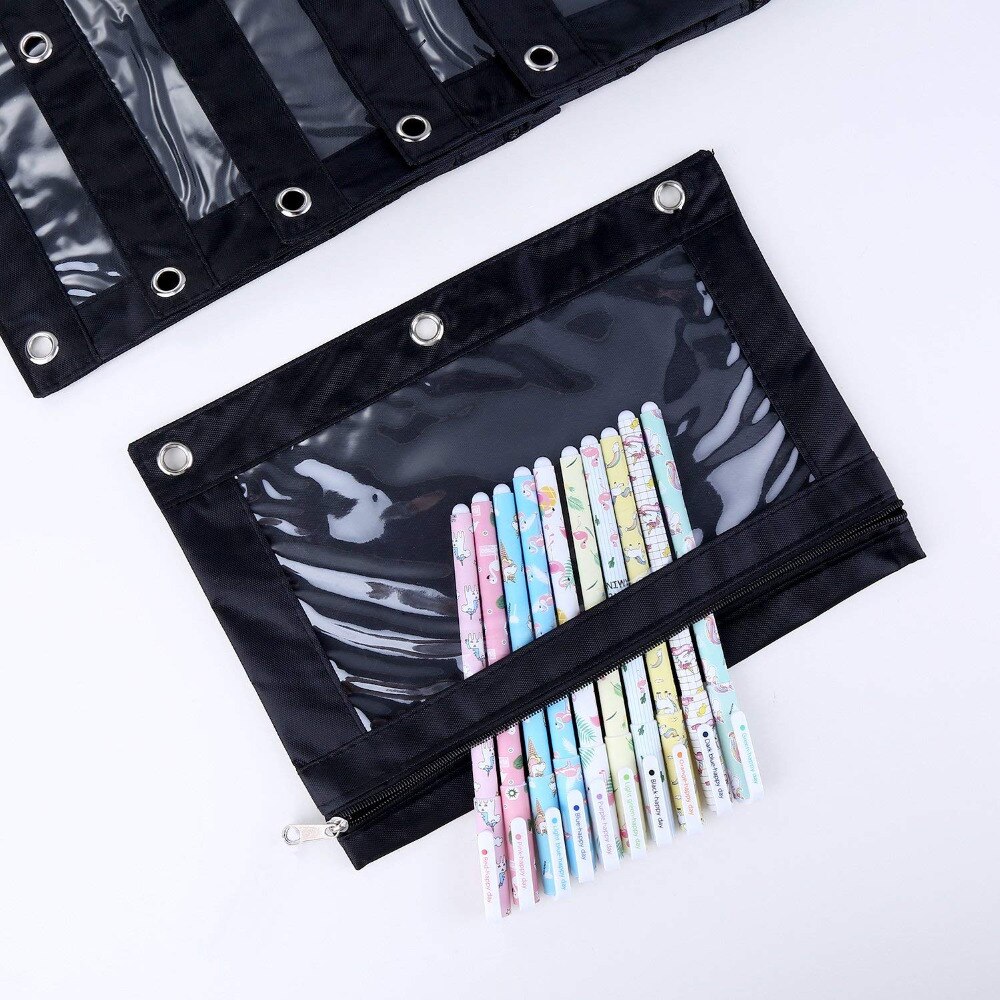 XRHYY 6 Pieces Ring Binder Pouch Pencil Bag with Holes 3-Ring Zipper Pouches with Clear Window (Black)
