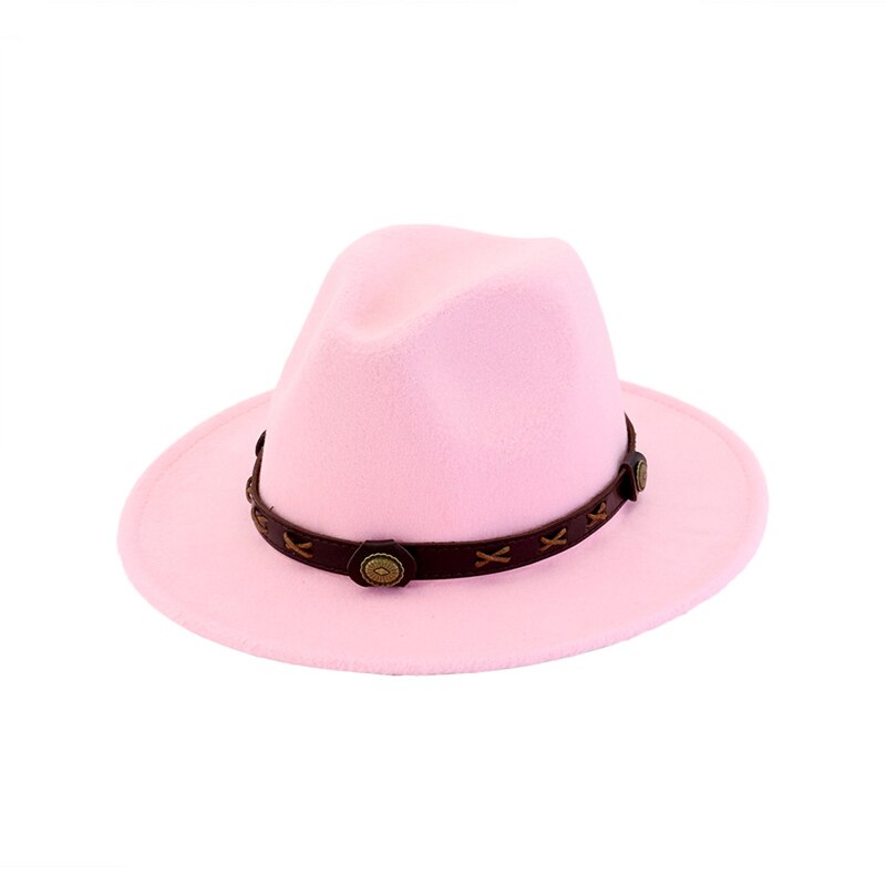 QBHAT uomo donna cappelli Fedora Jazz in feltro di lana tinta unita con cinturino in pelle marrone cappello da Cowboy a tesa larga cappello verde Trilby Panama per la festa: Colore rosa