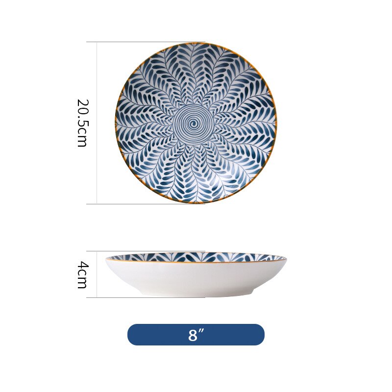 Vajilla de estilo chino con blanco y azul para pintar a mano de 8 pulgadas, platos de cerámica para fruta, ensalada, sopa