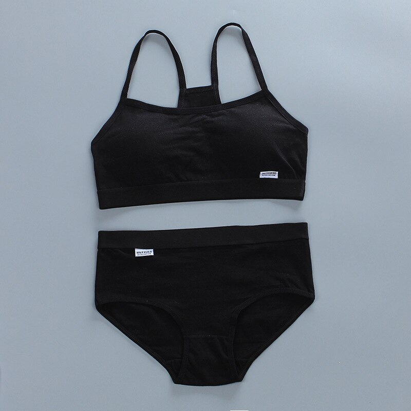 Puberteit Meisjes Beha En Panty Sets Tienermeisjes Katoenen Padded Training Beha + Slipje Kids Sport Beha Slipje Ondergoed 8-16Y: Black
