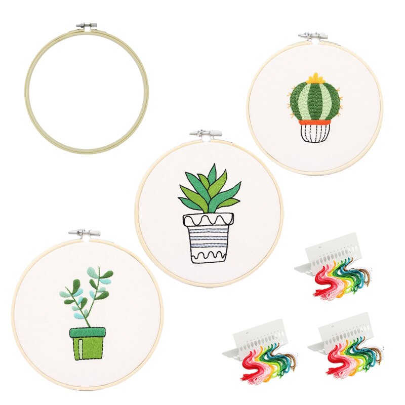 Kit de broderie avec motif Cactus et plante en bambou, 3 pièces, points de croix imprimés, couture artisanale, peinture d&#39;art: c 3PCS with 1 hoop