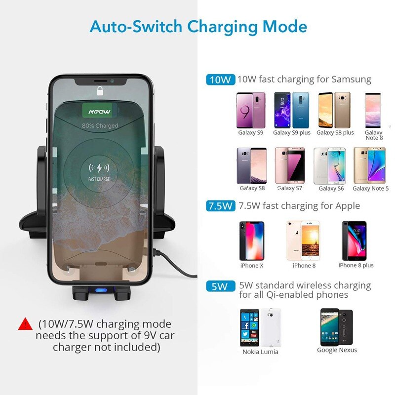 VicTsing Qi Fast Wireless Charger CD Slot Car Phone Mount Auto Charging Powers Universal Car Phone Holder for iPhone X 8 7 6 6S