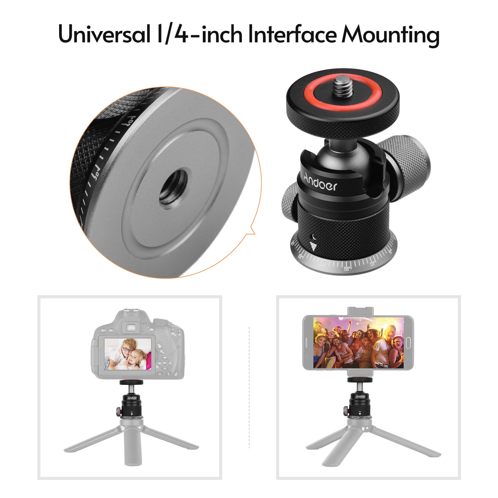 Andoer-trípode de aleación de aluminio con cabezal de bola, Base panorámica escalada, montaje Universal 1/4 para trípode de cámara sin espejo DSLR