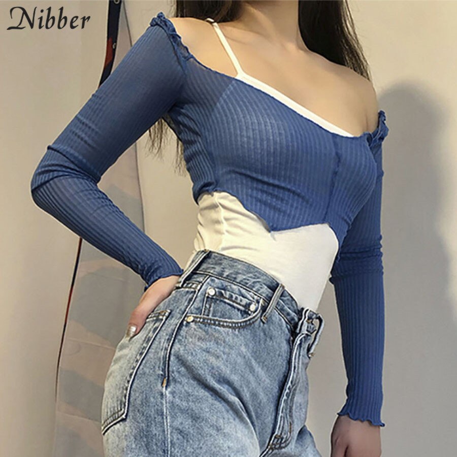 Nibber off shoulder streetwear sommartopp 2 tvådelad t-shirt dam slimmad mjuk t-shirt 2020 harajuku pure casual top t-shirt femme