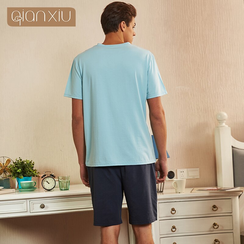 Summer Two-Piece Men Casual Pajama sets soft Cotton Sleepwear suit Men's Baseball collar short sleeve t shirt & Half Pants