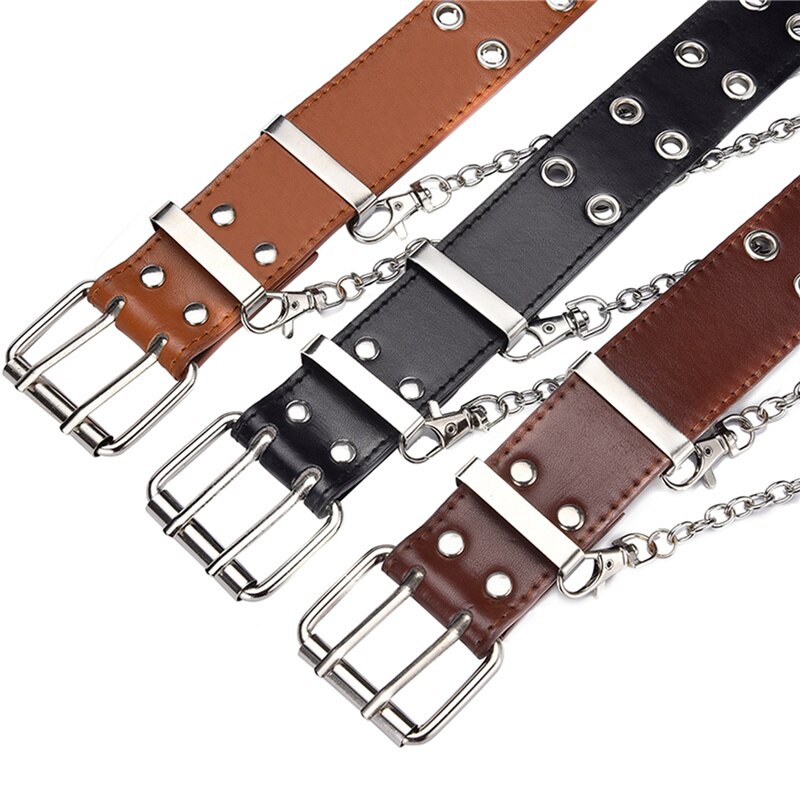 Women's Single Double or Rivet Grommet Belt Punk Waist Belt with Chain Detachable 2 Hole Belt