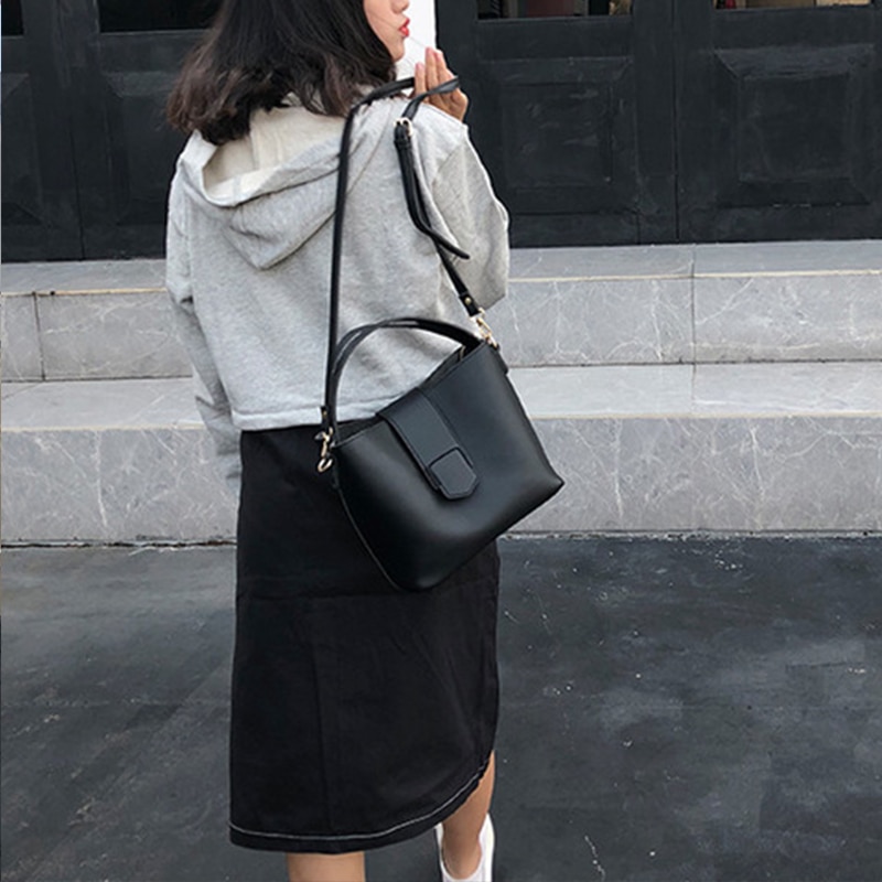 Solid Color Female Leather Women Bag Women's Shoulder Handbags Bucket Large Capacity Tote Casual Female Crossbody Bags