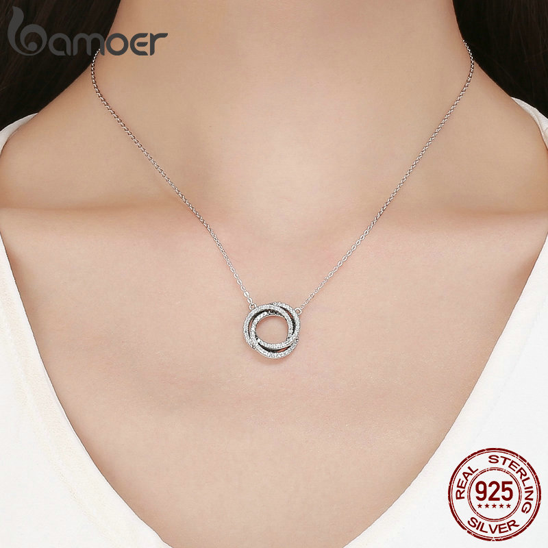 Bamoer Echt 925 Sterling Zilveren Minimalisme Elegante Ronde Cirkel Clear Cz Hanger Kettingen Vrouwen Sterling Zilveren Sieraden SCN259