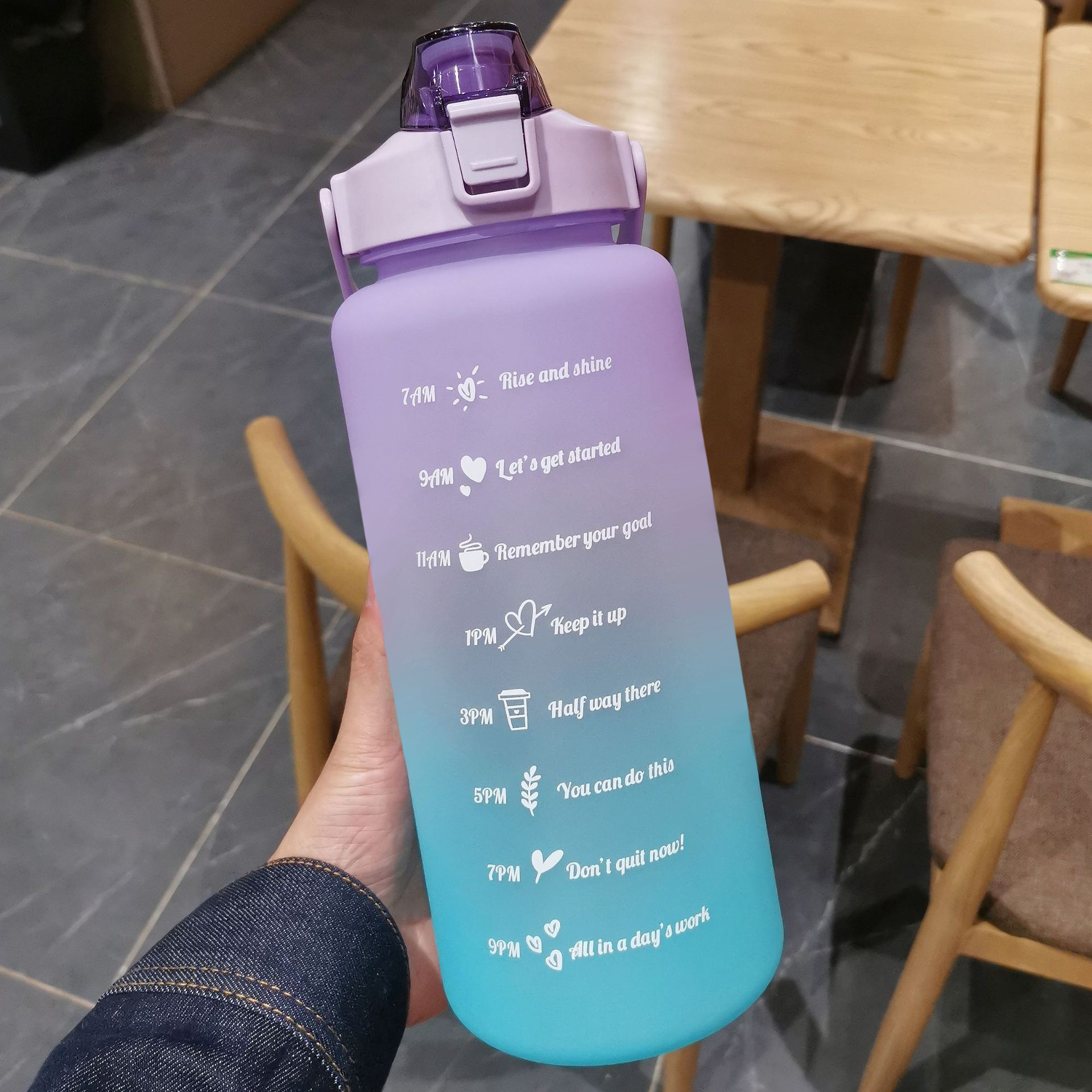 2L Large Capacity Water Bottle Straw Cup High Temperature Resistant Plastic Water Time Scale Frosted Outdoor Sports Couple Cup: Purple blue