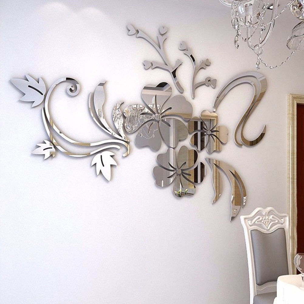 exquisit Gold/Silber Farbe Blume 3D Spiegel Zauberstab Aufkleber Aufkleber Abnehmbare Kunst Wandbild Hause Schlafzimmer TV Hintergrund Dekoration