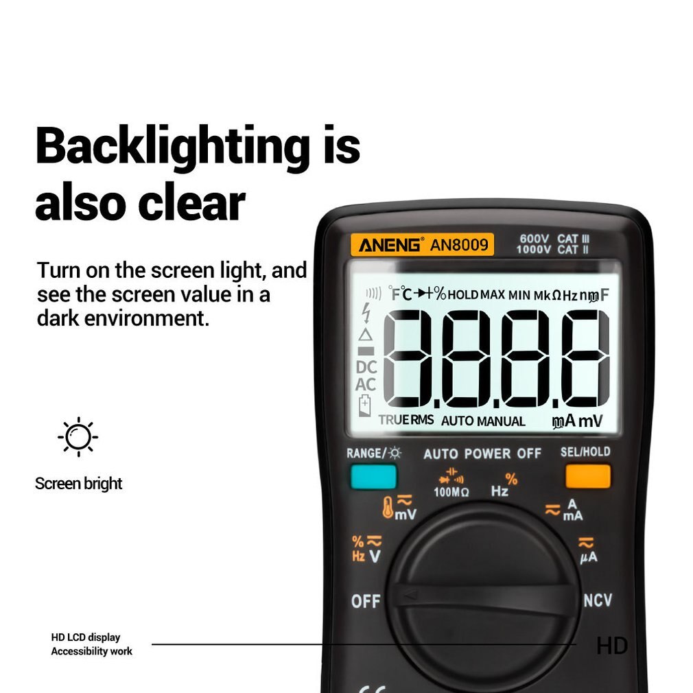 ANENG AN8009 Digital Multimeter 9999 Count True-RMS Auto Range NCV Ohmmeter AC/DC Voltage Ammeter Current Meter Temperature