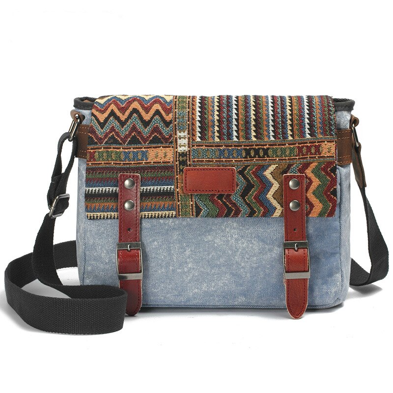 Etnische stijl Vintage Canvas Messenger Bags Mannen Vierkante Gesp Kleine Crossbody Tassen voor vrouwen Hanbags: Blauw