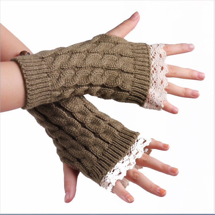 Manchons en laine pour femmes, protège-poignets allongés en dentelle, couleur unie, tricot , gants chauffe-bras, demi-doigt, hiver: khaki