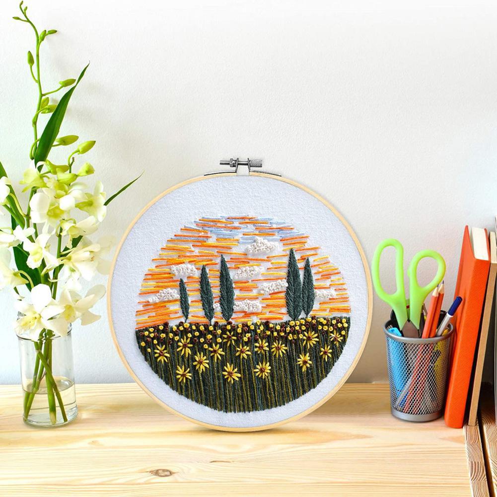 DIY Embroidery Kit with Pattern Embroidery Cloth Color Threads Tools Kit No Embroidery Hoop