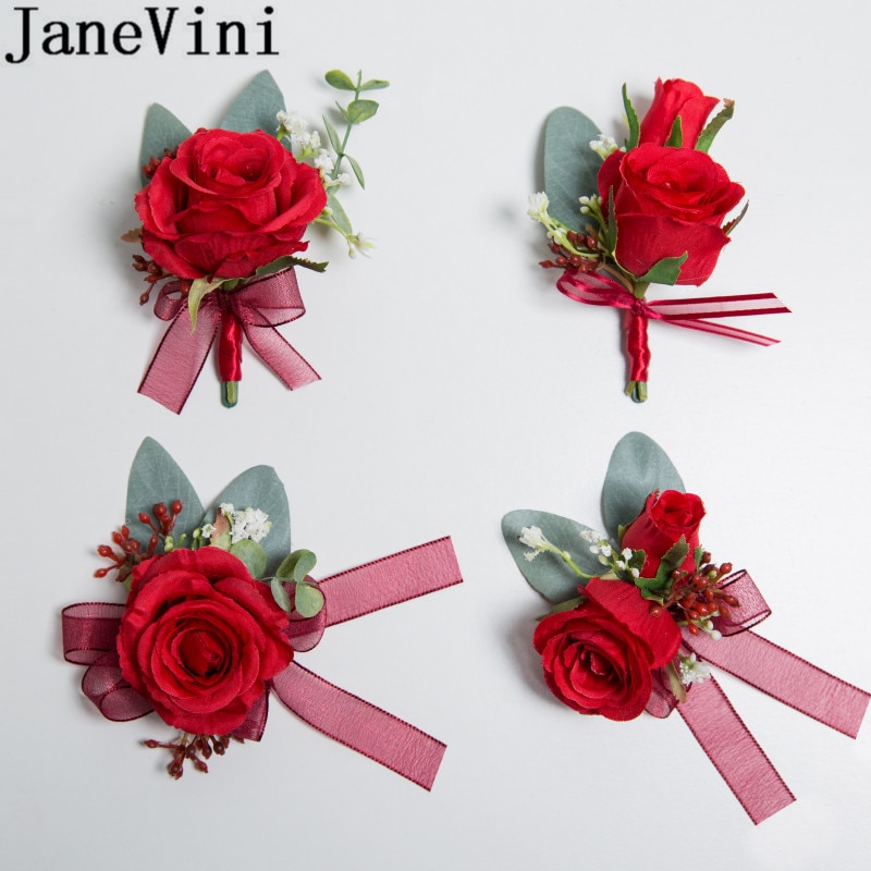 Janevini rød rose brud brudgom boutonniere jakkesæt brudgom blomst brudepige forlovere håndled blomster bryllup corsages noivo casamento