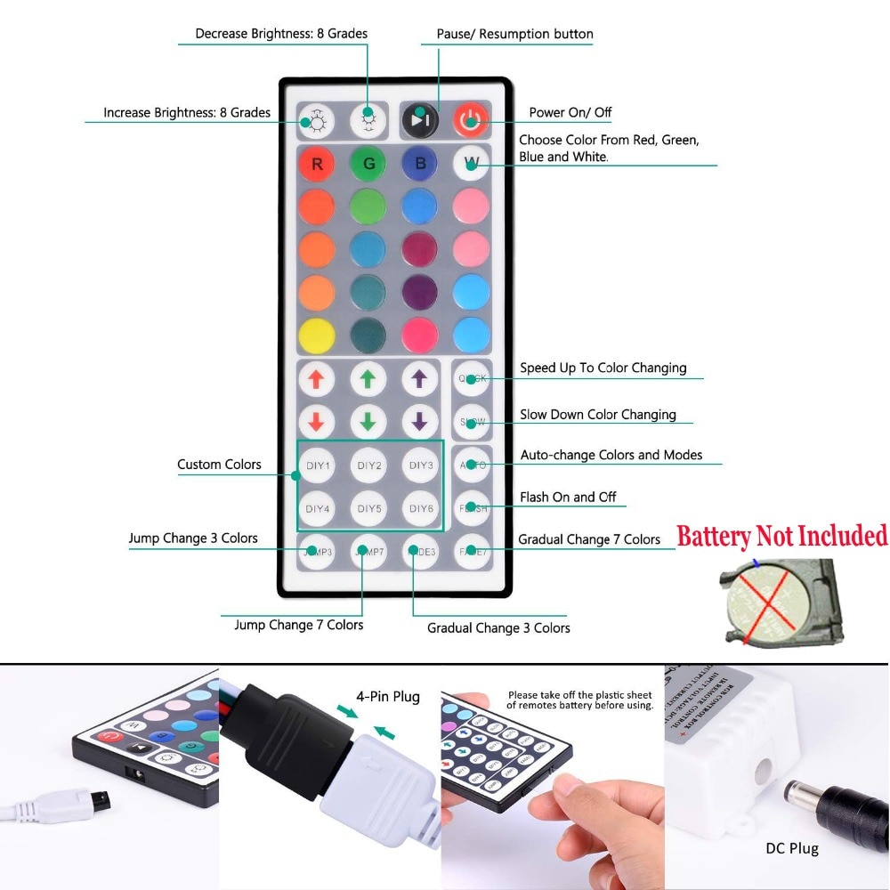 Rgb led controller 4 pin  ir 24 nøgle 44 nøgle ir fjernbetjening 3 nøgle trykket lysdæmper on / off switch til 5050 3528 rgb led strip lys