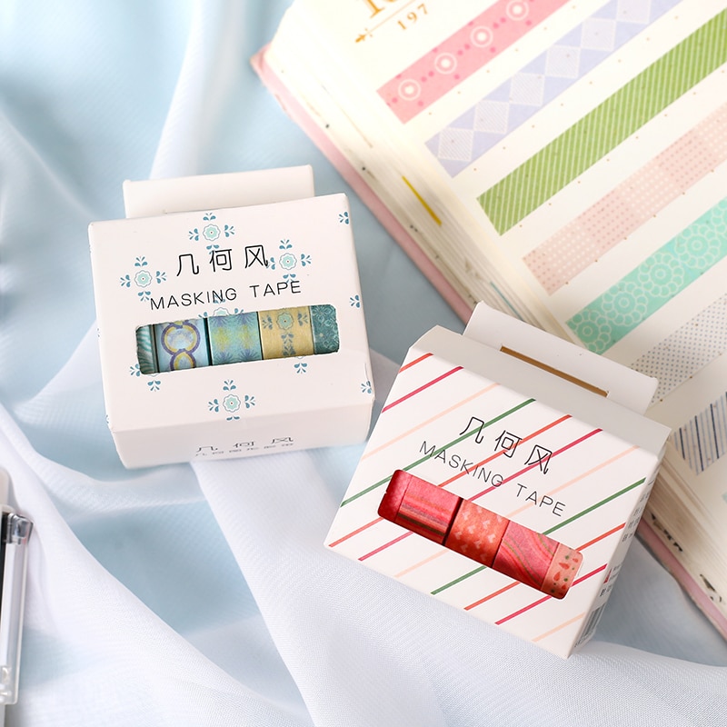 Valiosopa 5Pcs Basic Kleur Papier Washi Tape Set 10Mm Kant Streep Grid Zwart Grijs Lijm Afplakband Decoratie stickers A6634