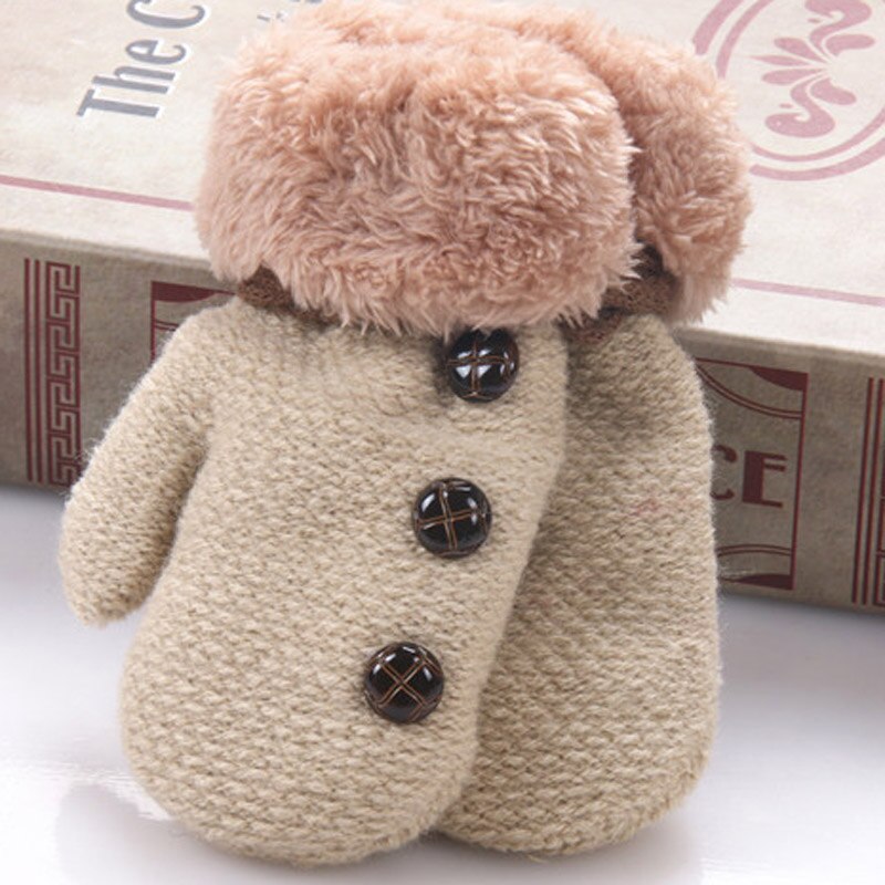 Baby Vinterhansker - Akryl Hel-finger Hansker - Ensfarvet Knapp - 1-3 År: Beige