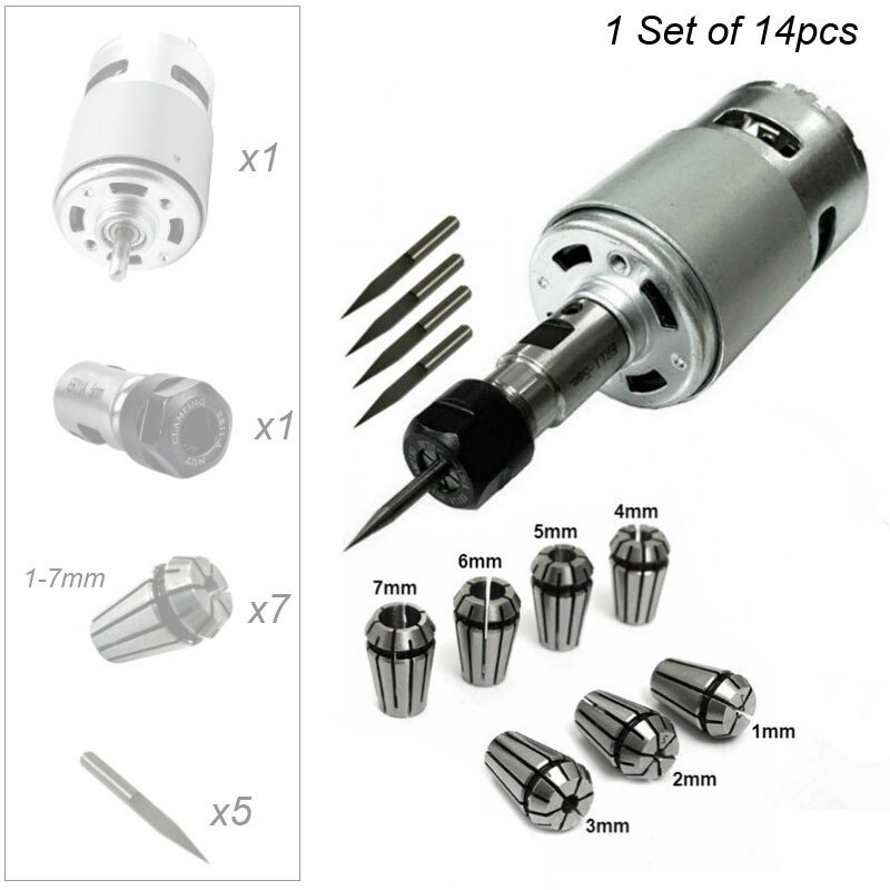 Juego de grabado PCB 775 Motor DC 12V, rodamiento de bolas, Motor con varilla ER11, fresadora para cuchillos, cortador para máquina enrutadora CNC