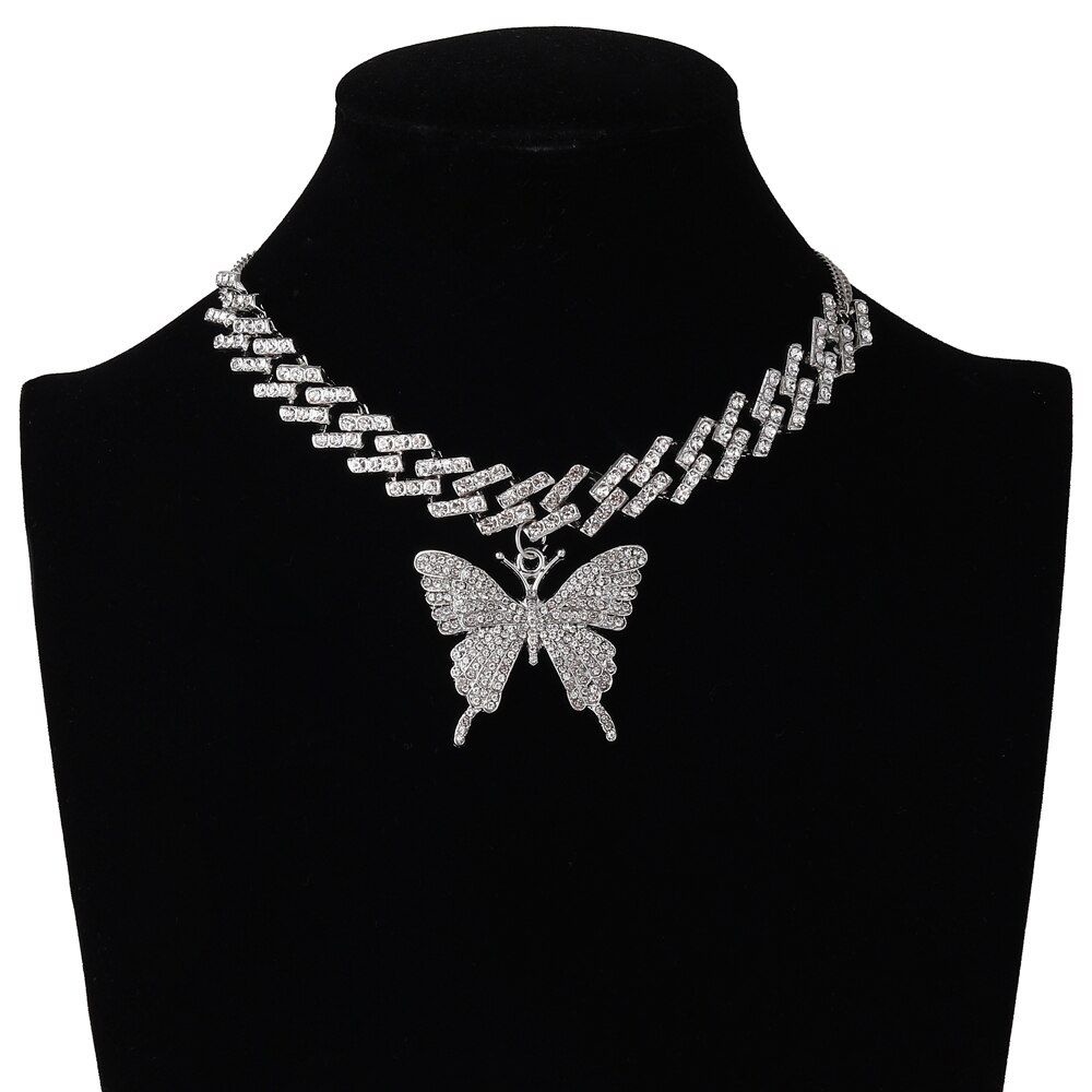 Collar de mariposa grande para mujer, cadena de eslabones cubanos de diamantes de imitación, Gargantilla con estilo, joyería Y2k de lujo