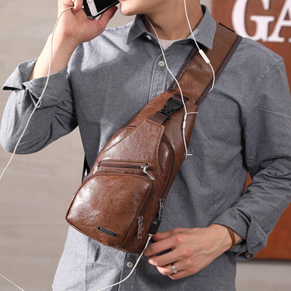 Men's Chest Bag USB Charging Crossbody Bags PU Leather Shoulder Bag Diagonal Package Back Pack Travel Outdoors Messenger Bag