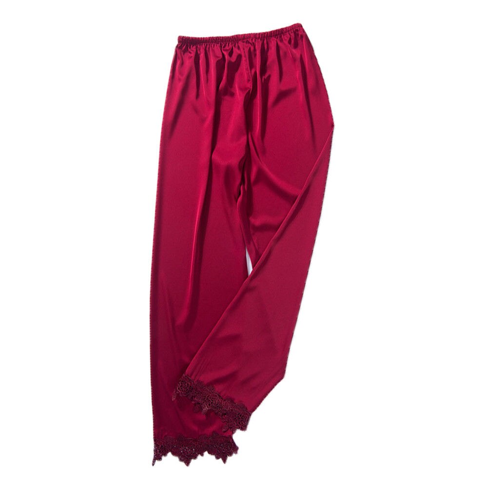 Kvinder dame silke satin pyjamas sæt pyjamas nattøj nattøj lounge slid kostume: Rødvin / M og l