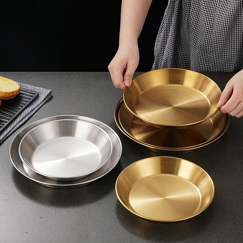 Koreanische Luxus Edelstahl runde Platte goldene flache Boden Aufbewahrung stablett verdickte Obst kuchen Steak Snack Gerichte