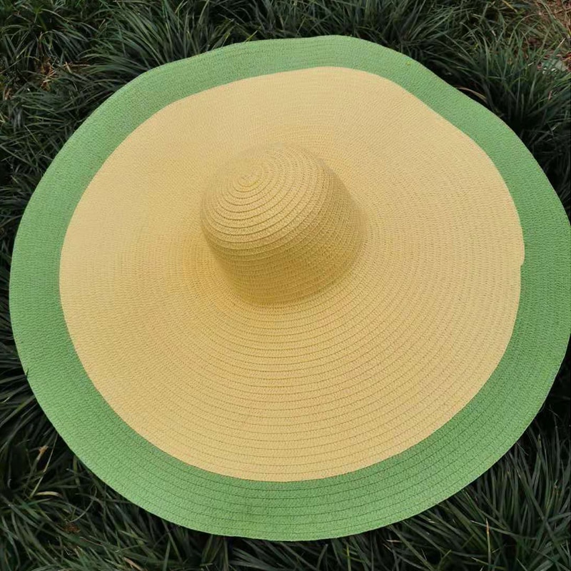 Summer Oversize Beach Hats For Women 25CM Brim Large Straw Hat Sun Protection Party Travel Hat: Green Beige