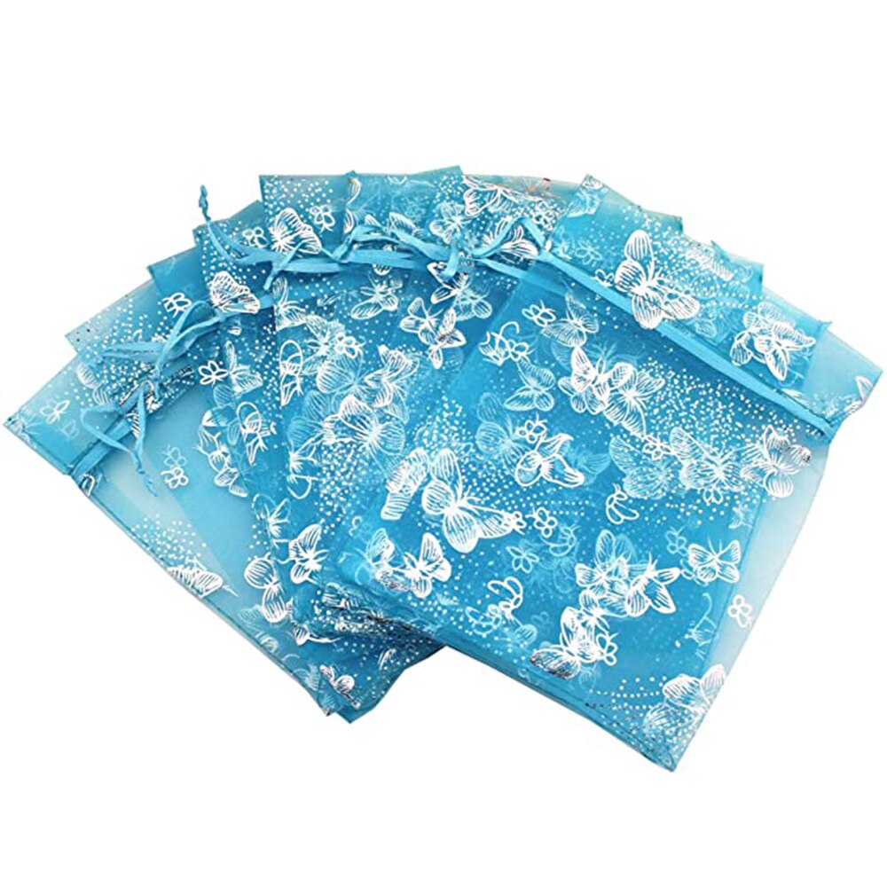 100 PCS 10 Colors Jewelry Butterfly Organza Bag 10x12cm Wedding Christmas Voile Organza Packing Drawstring Bag Pouch: Blue