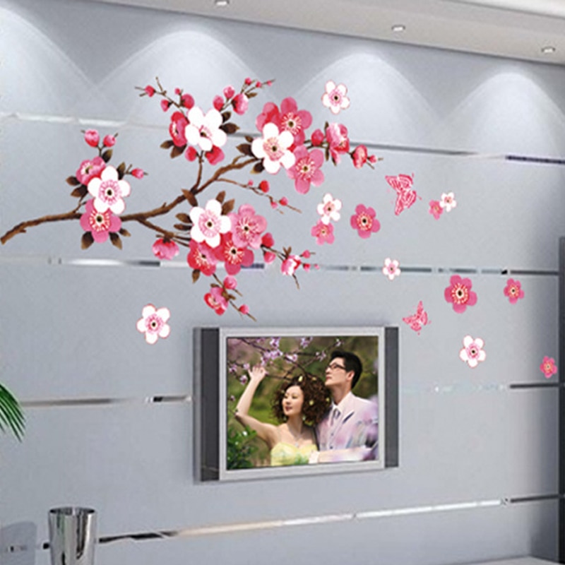 Beautiful Flower Wall Stickers Cherry Blossoms DIY Home Decor Cherry Tree Wallpapers for TV Sofa Living Room Bedroom Removable