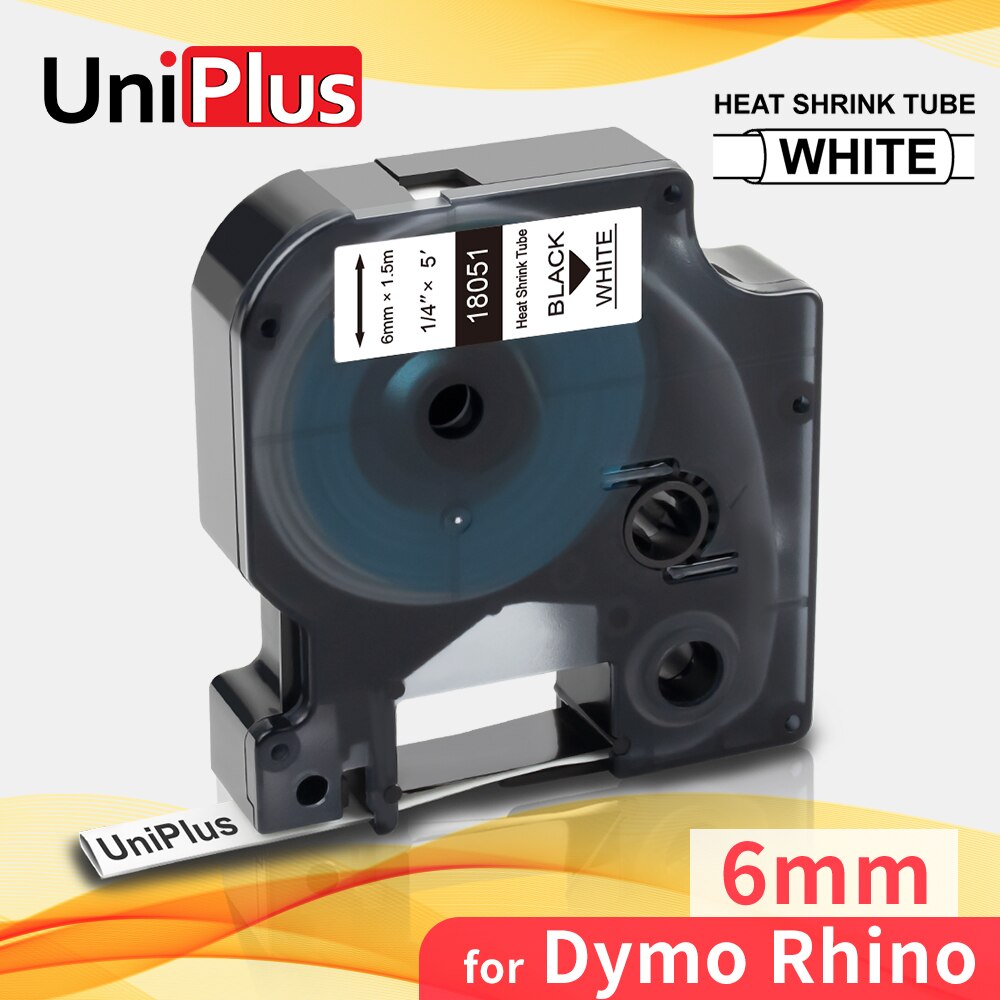 Uniplus 18051 krympeslange-kompatibel dymo rhino labelbånd 6mm sort på hvidt kabelbånd 4200 5200 6000 6500 label maker