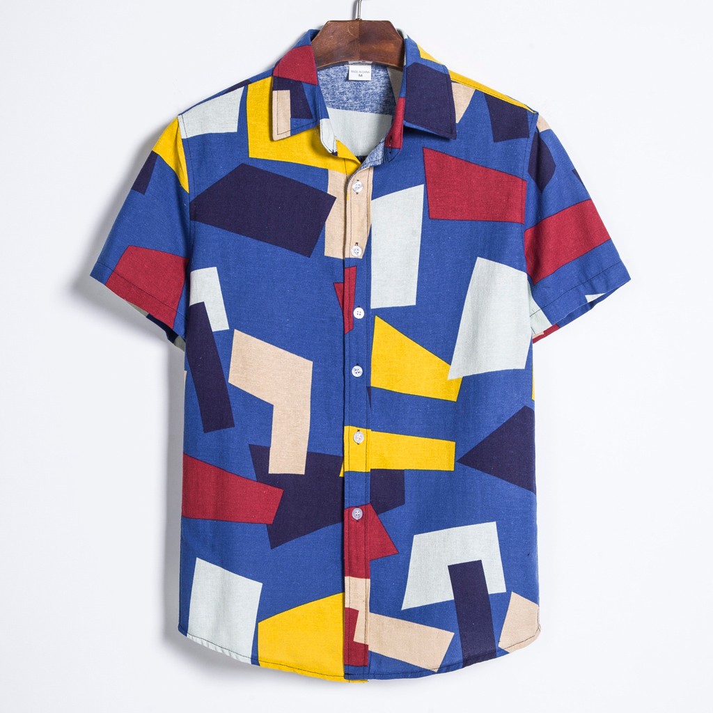 Herre bomuldshør kortærmede afslappet printet hawaiiansk skjorte bluse t-shirt herre etniske patchwork skjorter 3.30