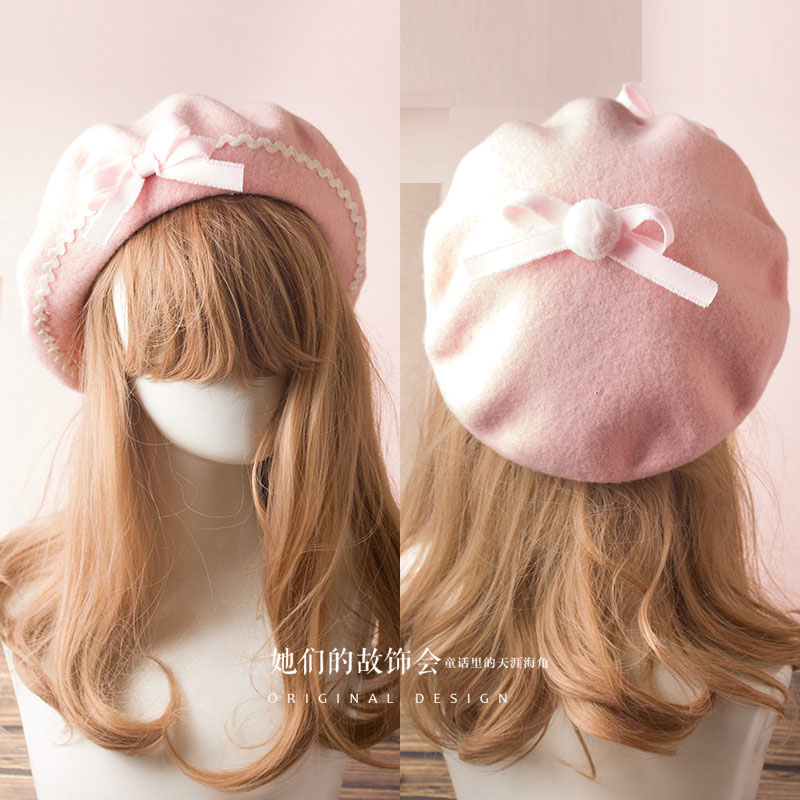 17 Kleuren Lolita Baretten Wol Blend Hoed Vrouwen Meisjes Boog Plaids Streep Sailor Stijl Preppy Chic Studenten Cap: G