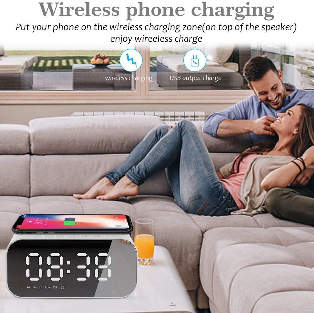 Digital Alarm Clock Home Digital Clocks Radio Bluetooth Speaker with USB Port and Wireless Charging Dual Alarm Big LED Display