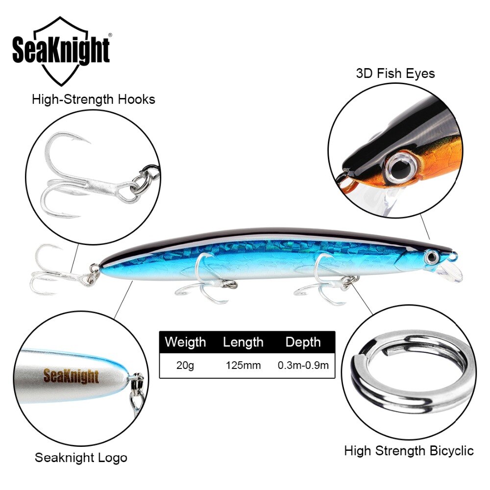 SeaKnight Brand SK008 Series 8PCS/Lot Minnow Fishing Lures 20g 125mm 0.3~0.9M Artificial Hard Bait 3D Eyes 3 Hooks Fishing Lure