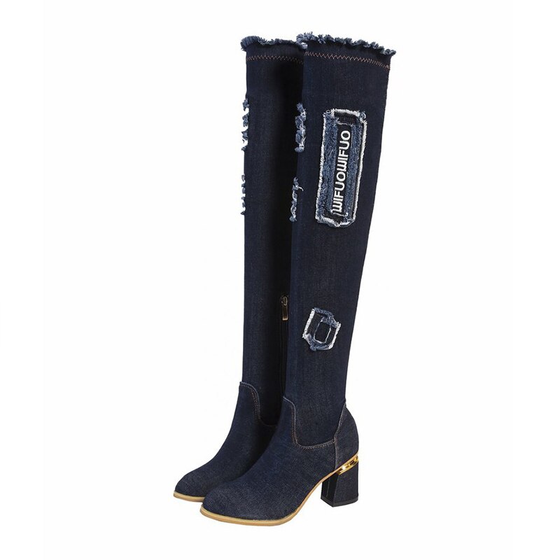 Denim damskie buty na buty do kolan szpiczasty nosek grube szpilki buty kobieta dorywczo dżinsy z frędzlami zakolanówki buty Botas Mujer: dark blue / 4.5