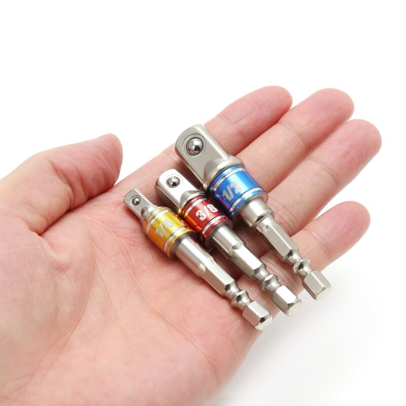 3 st borrhylsa adapteromvandlare för slagdrivenhet med sexkantskena till fyrkantig hylsa borrbars förlängningssats 1/4 " 3/8 " 1/2