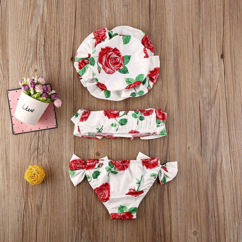 Canis 3 Pcs Baby Meisjes Boog Leuke Bloem Gedrukt Bikini Set + Hoed Badpak Bloemen Badmode Mooie Mode Strand Outfits