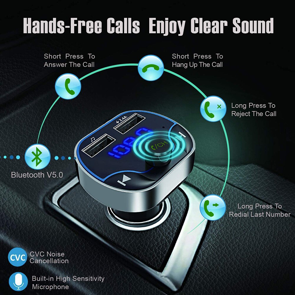 Bluetooth V5.0 3 Modes de lecture de musique, appel mains libres, 2 double Ports USB, transmetteur FM MP3, chargeur USB écran LED