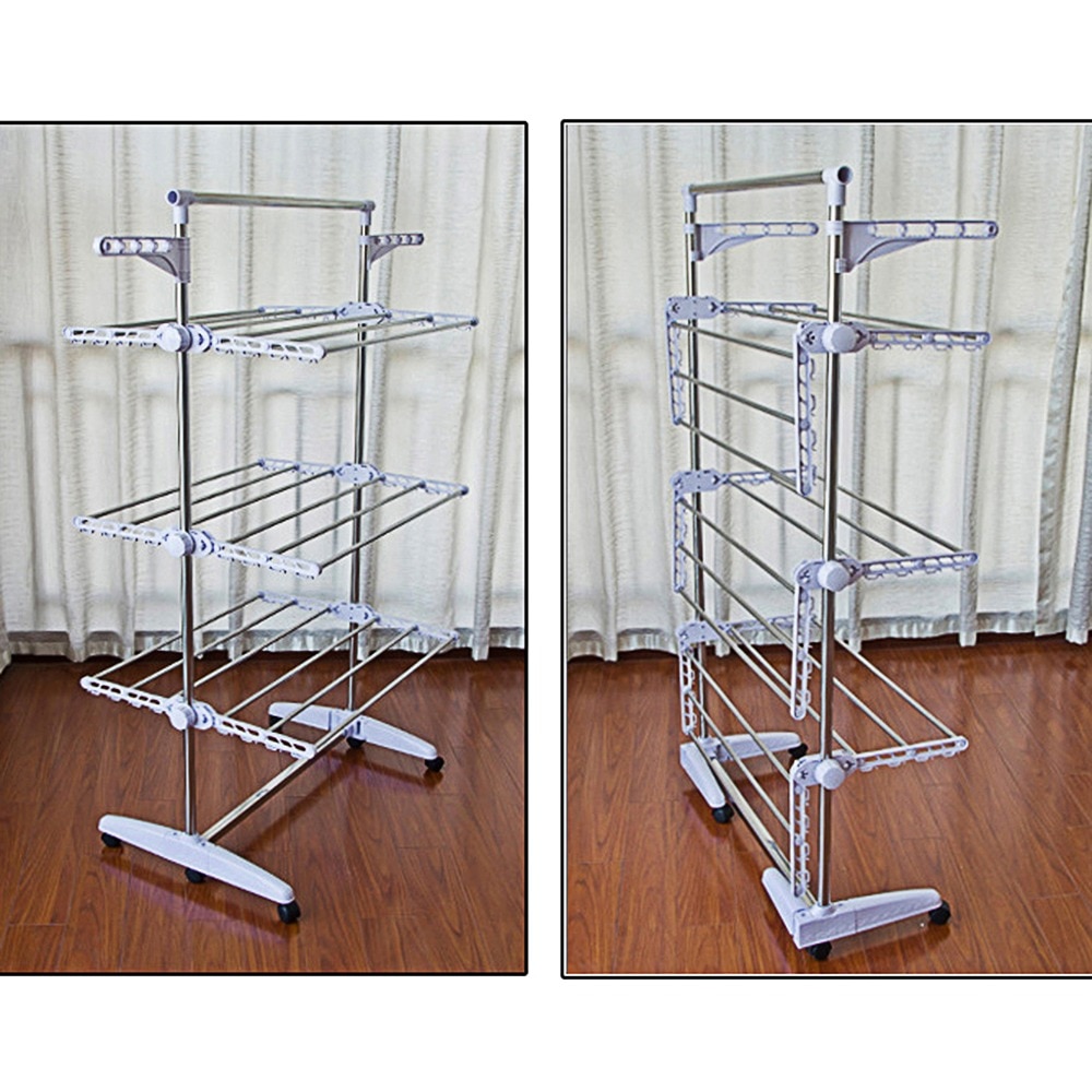 6 Tiers Adjustable Telescopic Rolling Clothing Garment Clothes Airer Horse Stainless Laundry Rack Hanging Drying Folding Hanger