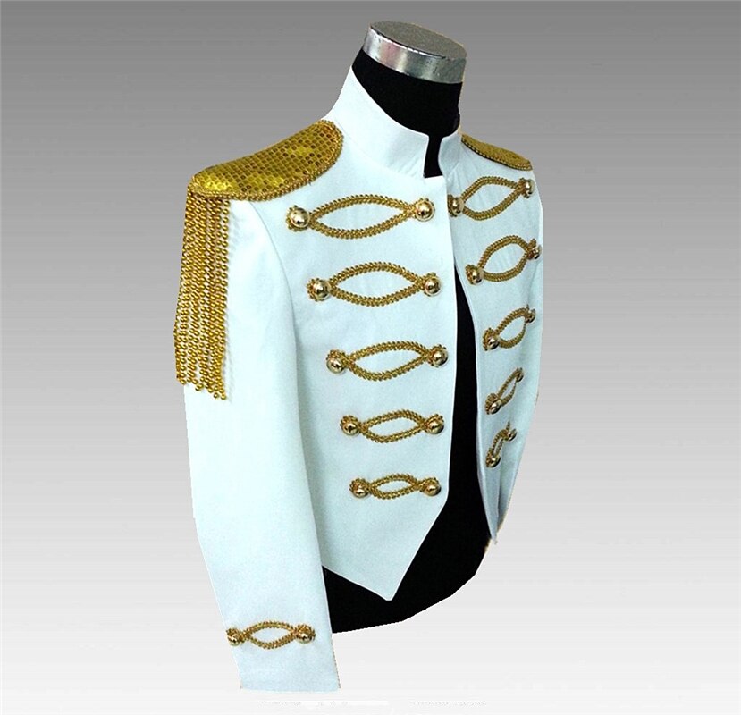 Men Blazer Long Sleeve Popular Singer Suit Stand Collar Army Uniform Court Style Jacket with Bead Slim Fit Outfit