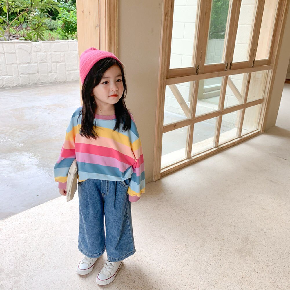 Benemaker Baby Jongens Kleding Peuter Meisjes Regenboog Strepen Vallen Kleding Crewneck Sweatshirts Kids Lange Mouwen Top NA516: Pink Rainbow / 4T