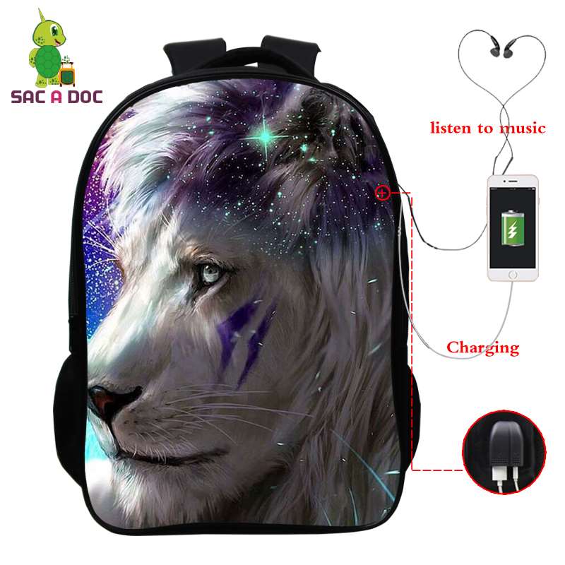 Usb-lade-rucksack, laptop-rucksack für damen und herren, schulrucksack, #39 3d zoll-rucksack mit löwenmuster, 16- zoll-reiserucksack, freizeitrucksack: Schwarz