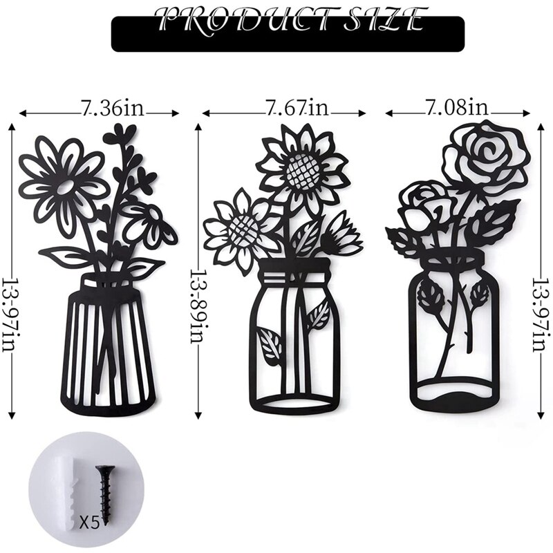 Set Of 3 Metal Flowers Wall Decor Metal Flower Minimalist Metal Flower Wall Art Decor Wall Art Black Flower Iron Decor
